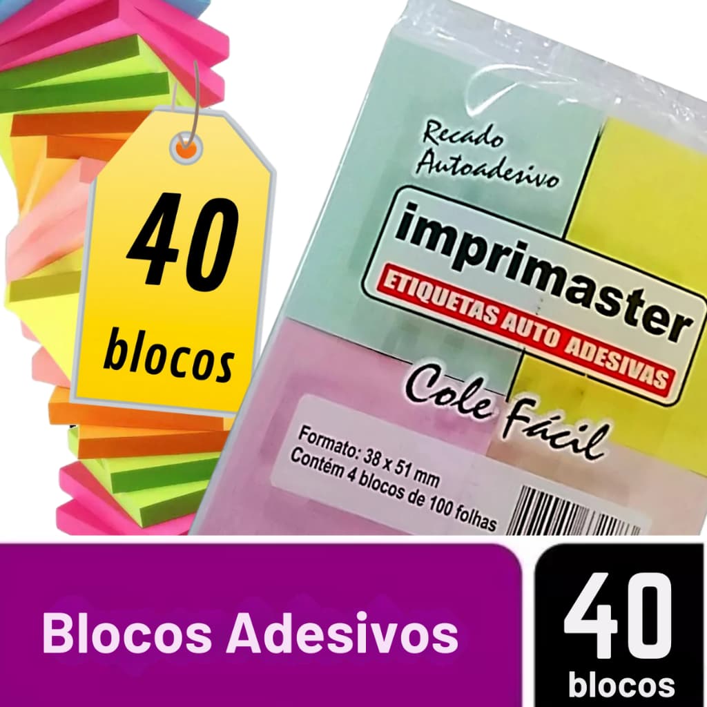 40 Blocos Recados Cole Fácil 38x50mm Post it Verde, Rosa, Amarelo e Laranja Produto Original 100% Nacional