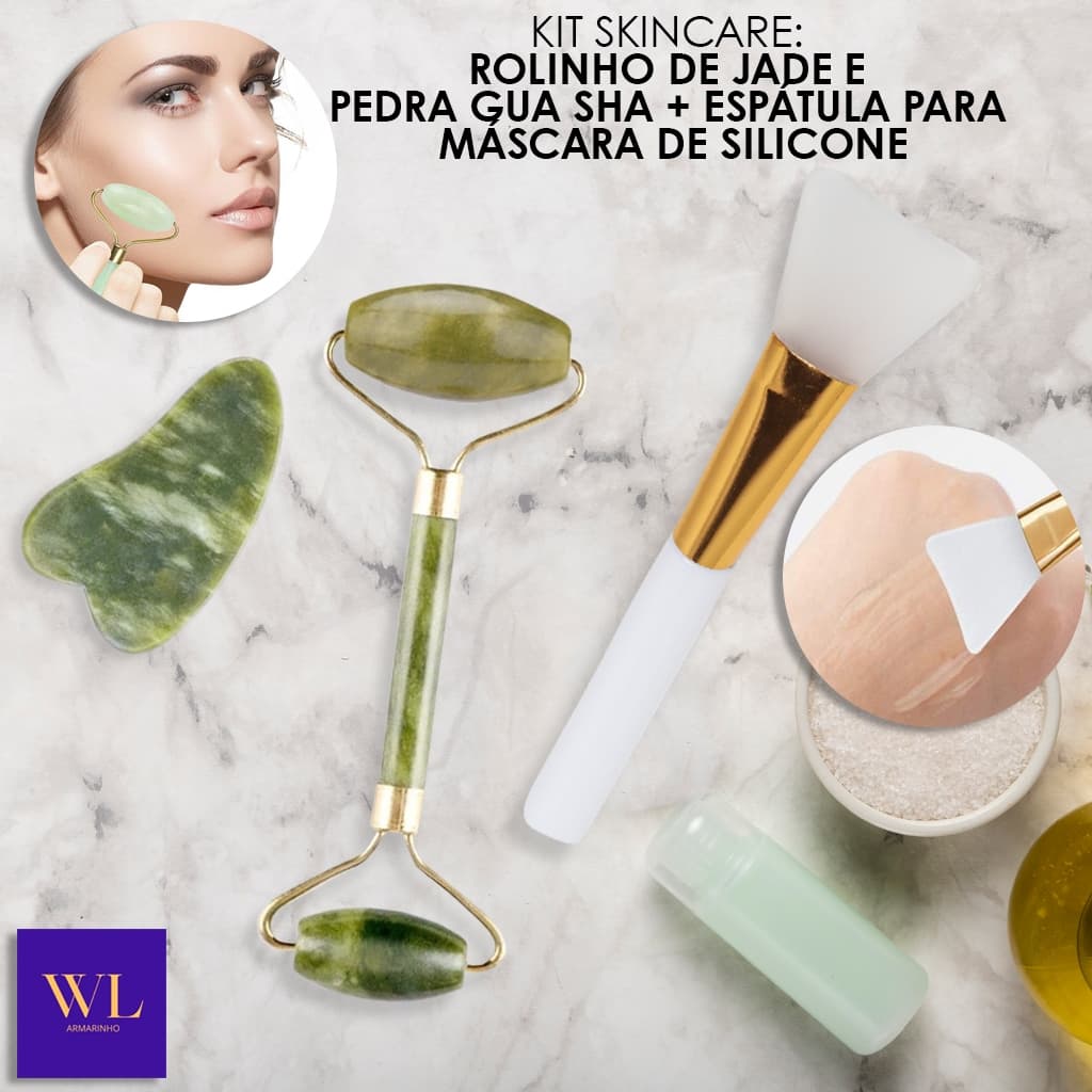 Kit 3 em 1- Rolo de Jade + Pedra Gua Sha + Espátula de Silicone Para Aplicar Máscaras e Cremes - WL