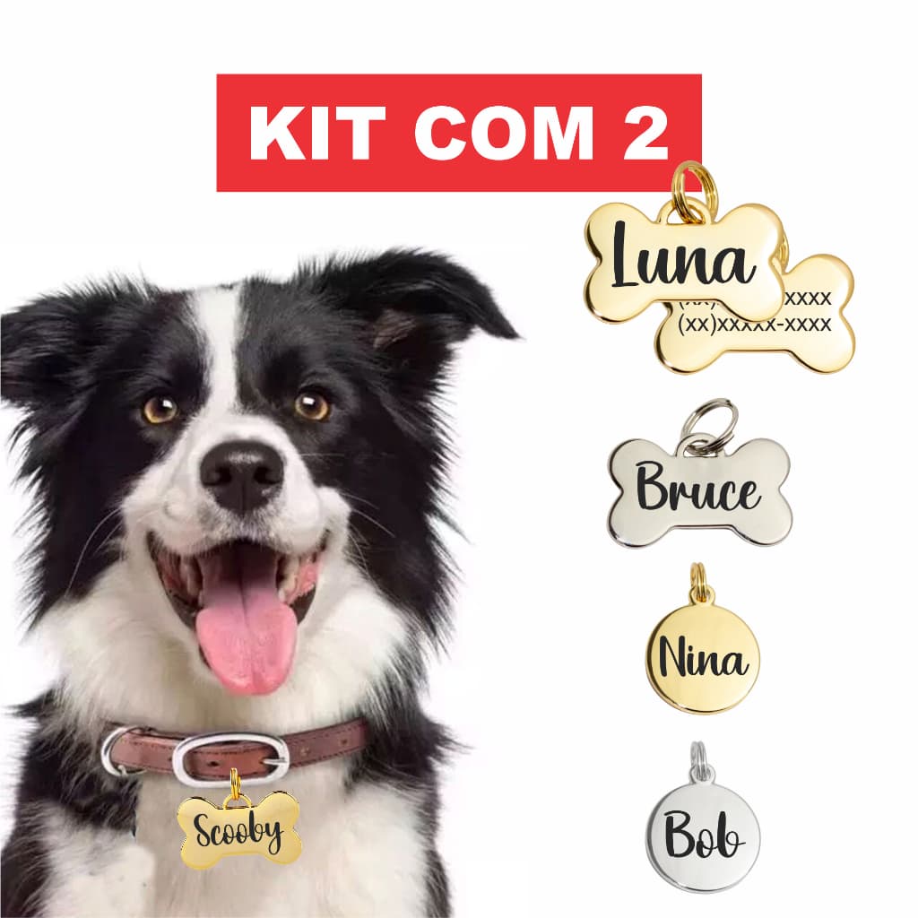 Kit 2 Placas De Identificação Pet Personalizadas Com Nome e Contato