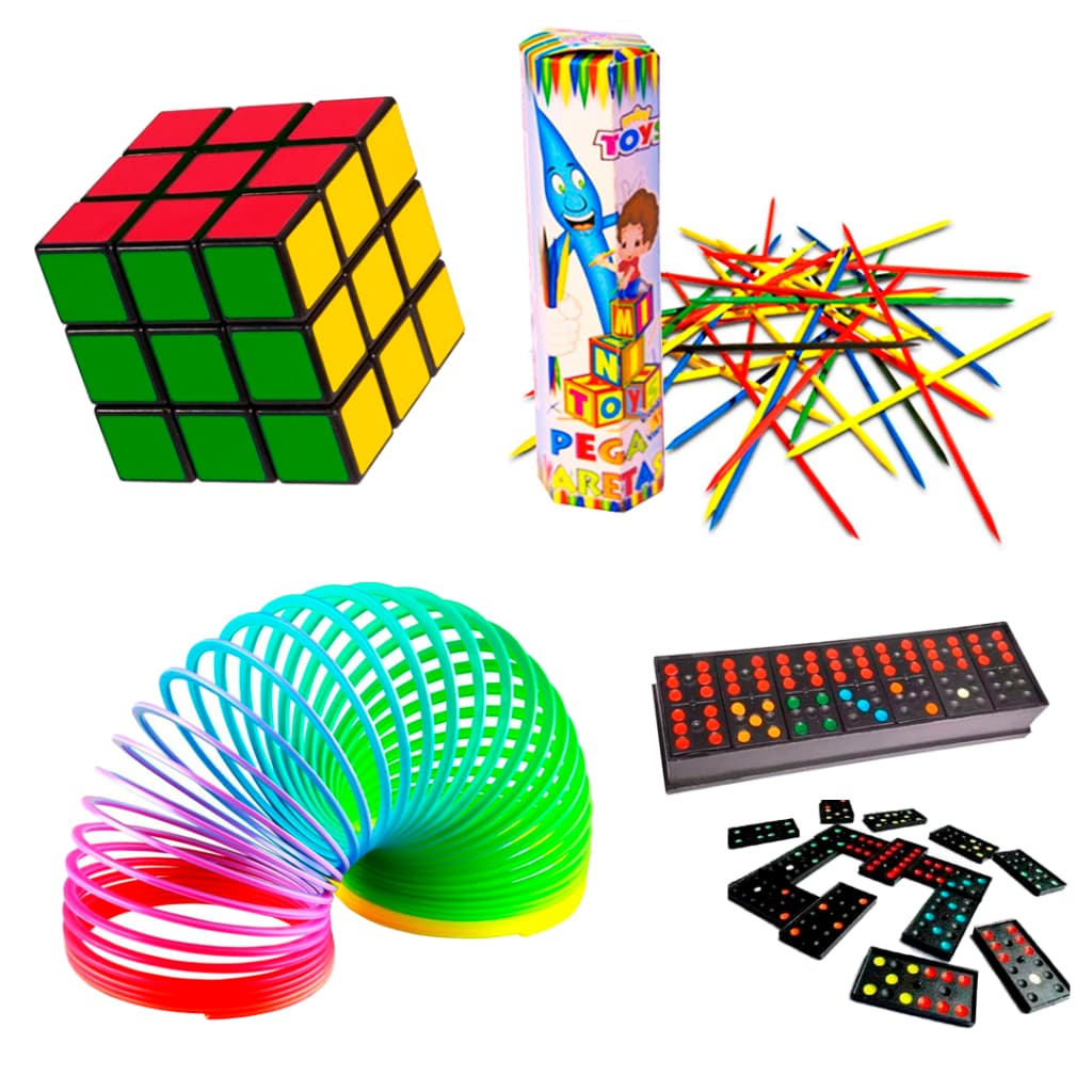 Kit 20 Brinquedos Divertido Dia das Crianças Lembrancinha Cubo Mágico Mola Maluca Dominó Pega Vareta