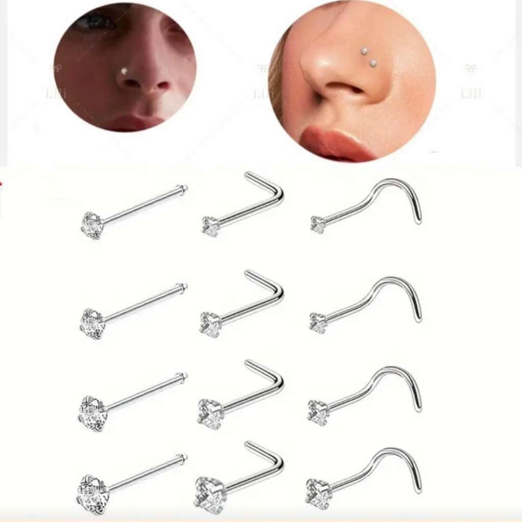 Conjunto de 12 Peças ,Piercing de Nariz em Aço cirúrgico com Pedra Zircônia