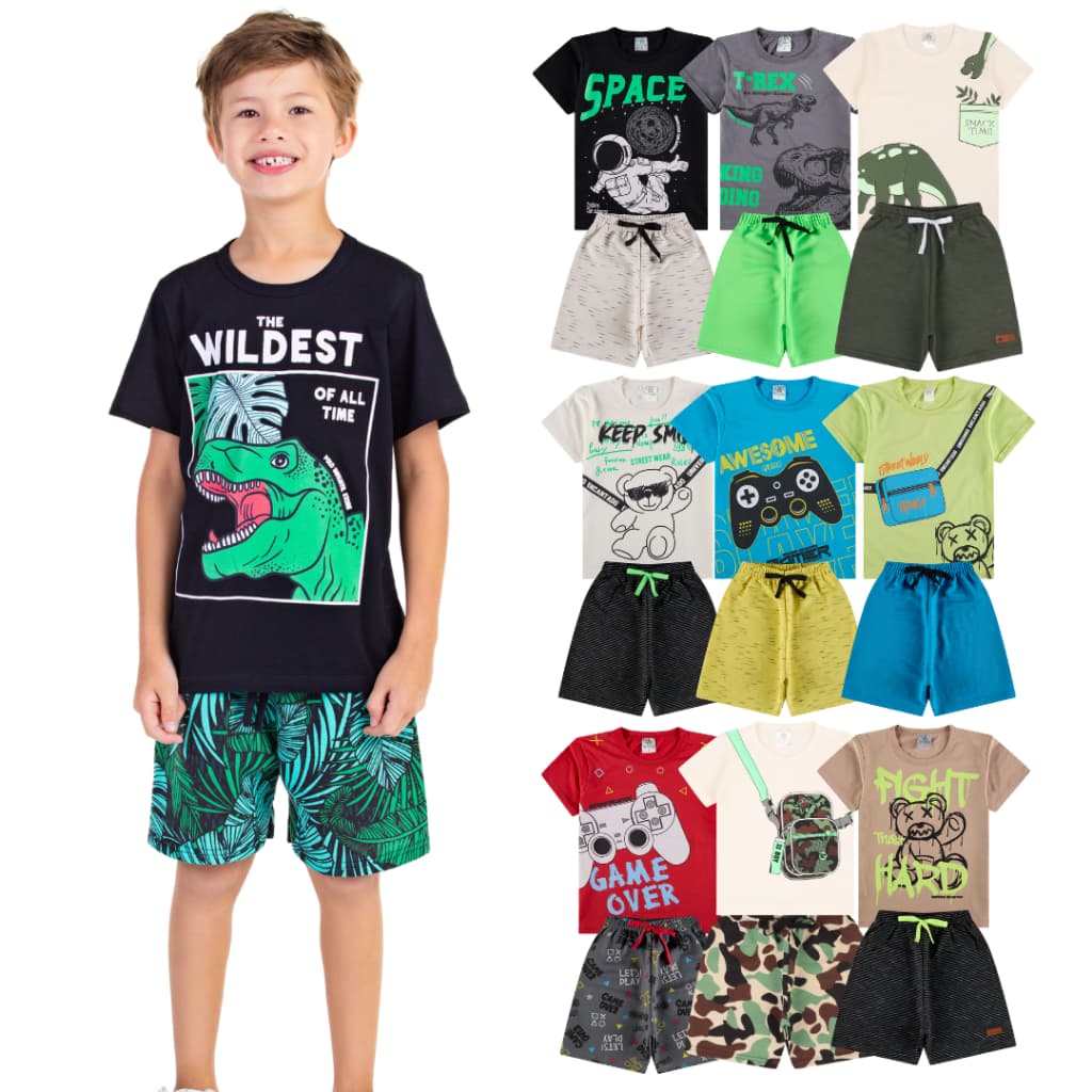Kit Sortido 10 Peças de Roupas Infantil Menino (5 Camisetas + 5 Bermudas) Kit 5 Conjuntos Menino Verão Masculino Juvenil