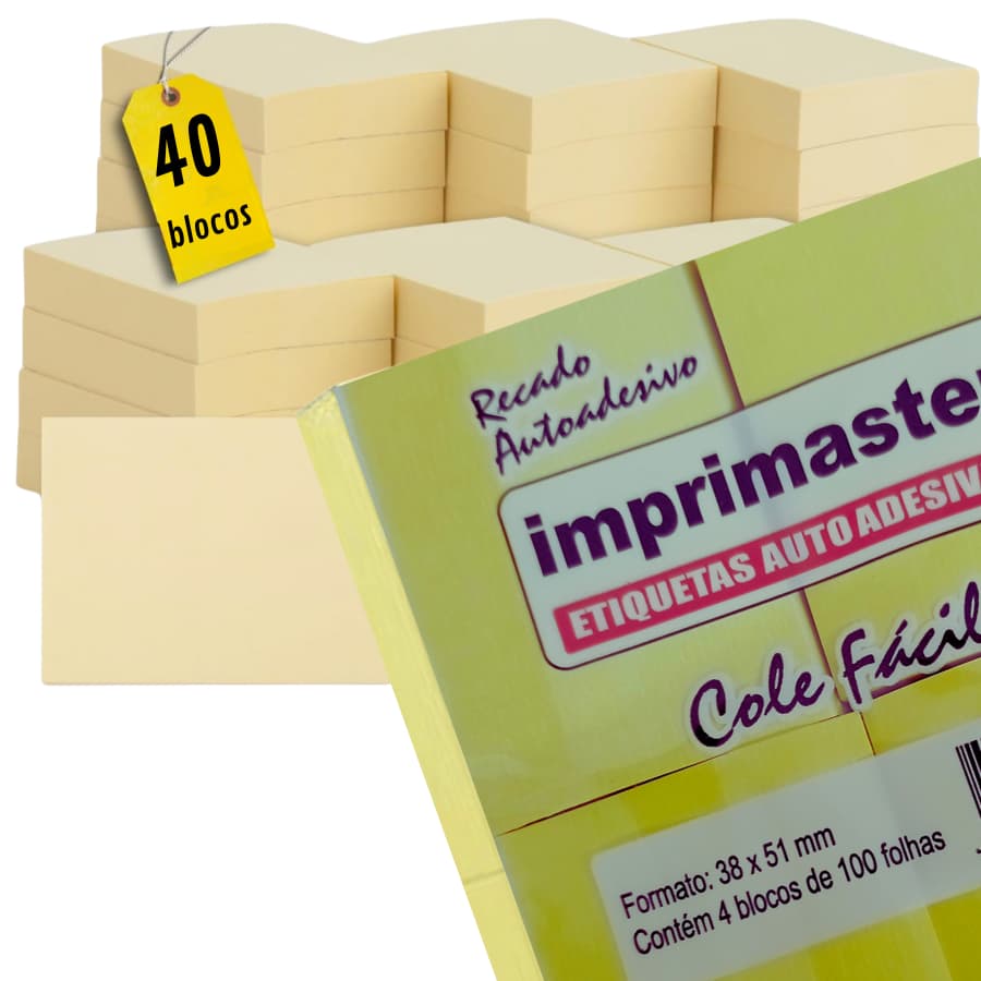 40 Blocos Recados Cole Fácil 38x50mm Post it 100 Folhas Cor Amarelo Produto Original 100% Nacional