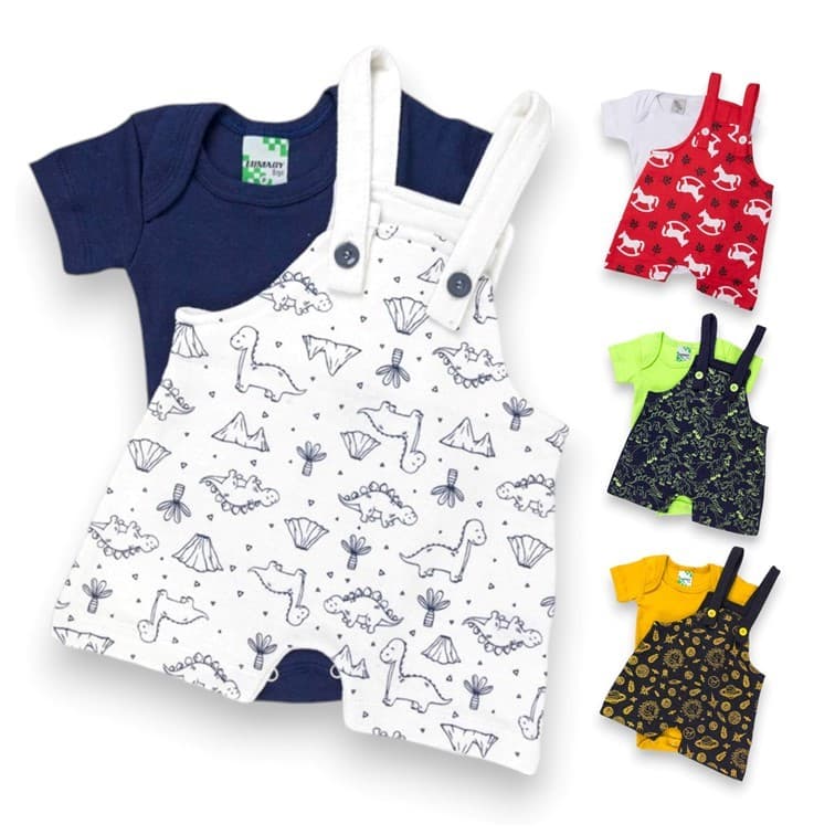 Conjunto Jardineira estampada 2 peças Manga Curta verão Menino. Body e Jardineira Bebê Infantil