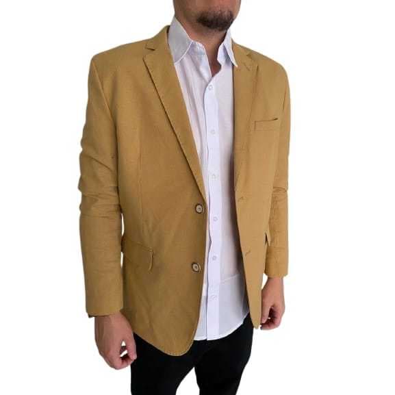 Blazer Masculino de Linho Slim Premium - Bege Escuro caramelo Forrado Ouro - Lançamento 2025 - ENVIO IMEDIATO