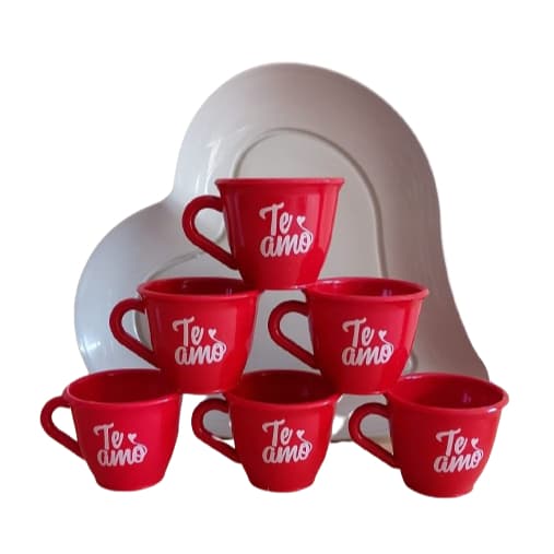 Kit Presente Te Amo 6 Xícaras + 1 Prato Grande de Coração Refeição