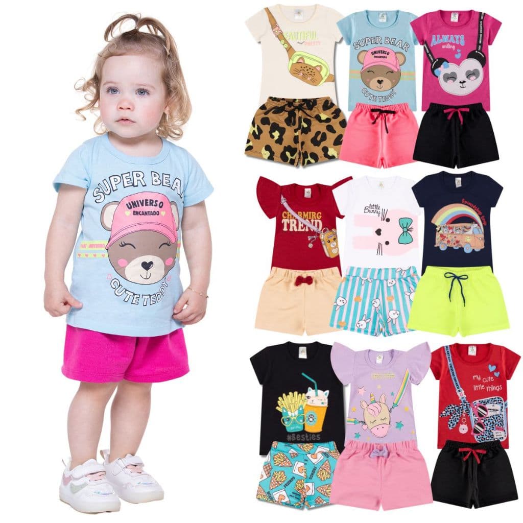 Kit Sortido 6 Peças Roupa De Bebê Menina Infantil Verão - 3 Camisetas + 3  Shorts - Tamanhos 6 Meses a 24 Meses