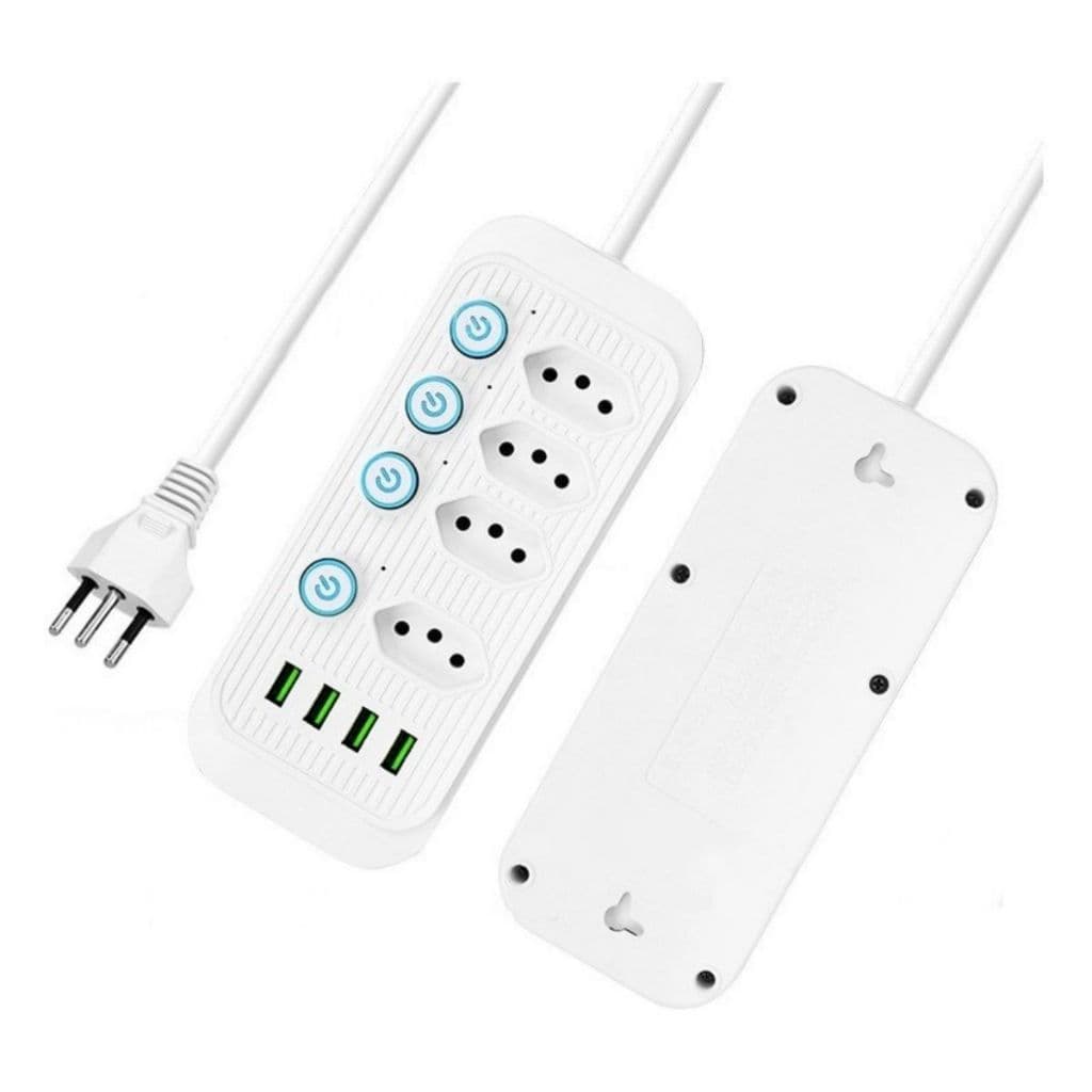 Extensão de tomada Régua alimentação 4 tomadas de Botões Individuais  2500W Com 4 USB Filtro De Linha Segurança 2 Metros