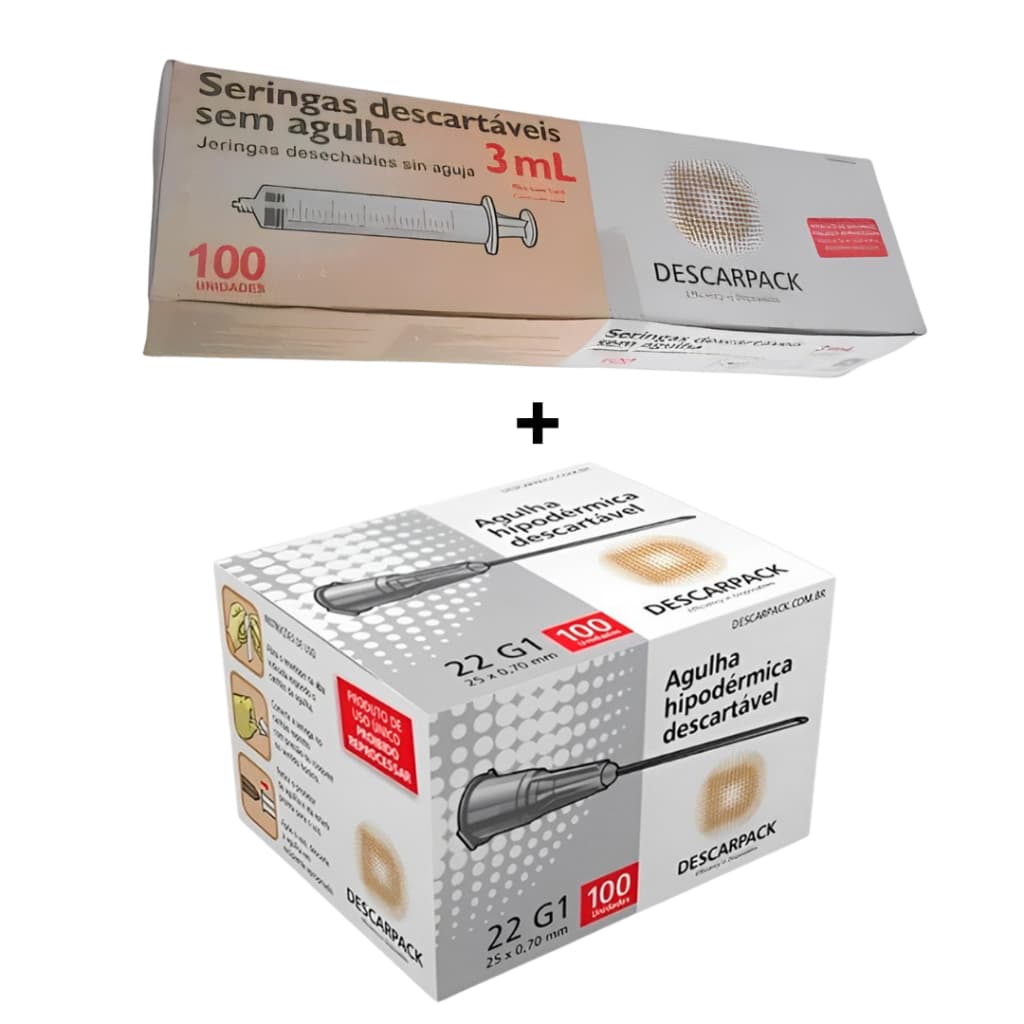 Kit 100 Seringas 3ml Bico Luer Lock + 100 Agulhas 25x0,70mm