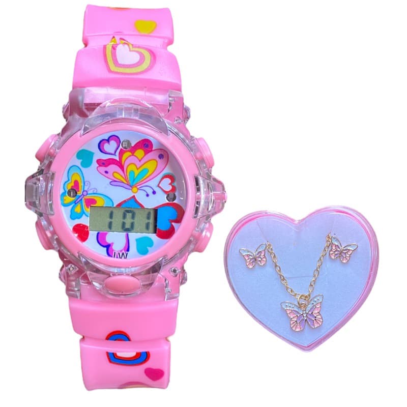 kit relógio musical infantil para menina com colar e par de brincos na caixinha