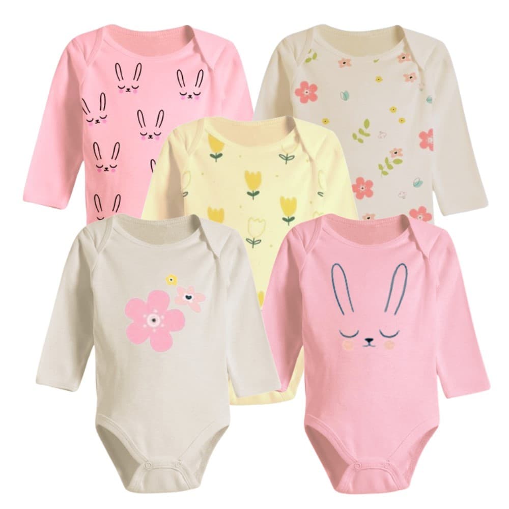 Kit Roupa De Bebê 5 Peças Body Estampado Manga Longa Algodão