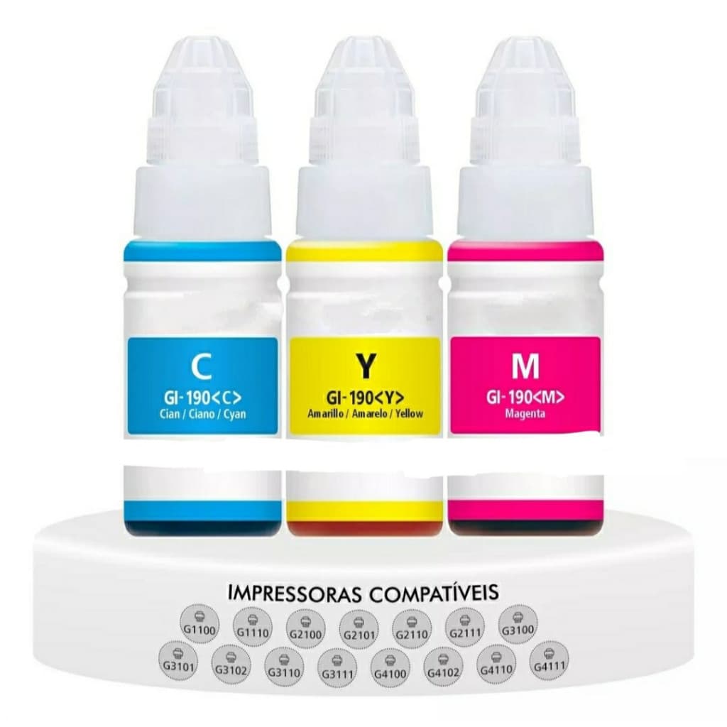 Kit 3 Tintas G190  p/ Canon Impressoras  G1100, G1110, G2100, G2110, G3100, G3102, G3110, G3111, G4100, G4110, G4111...