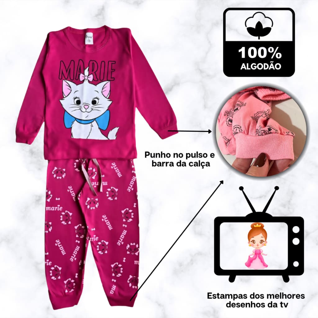 Pijama menina infantil longo meia estação calça e blusa