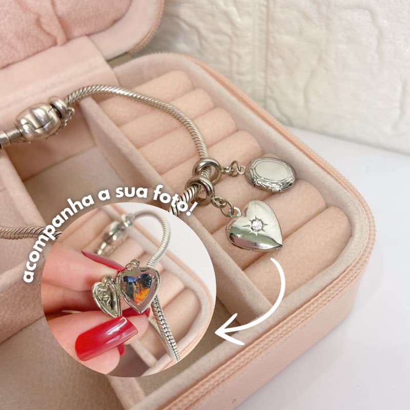 Berloque Relicário Coração para Fotos – Banhado Níquel – Presente Personalizado