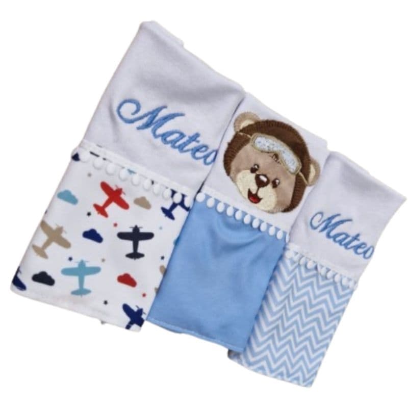 Fraldinhas de Boca Bordado Kit 3 Paninhos Bordados com bichinhos PERSONALIZADO com nome Bordado