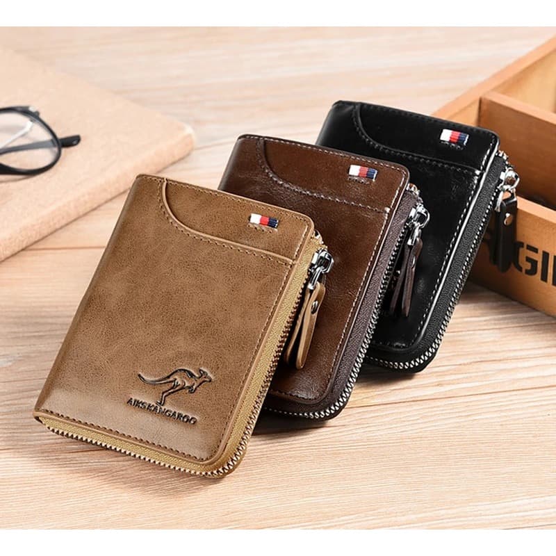 Carteira Masculina de Couro Com Zíper Luxo Proteção RFID Suporte De Cartão