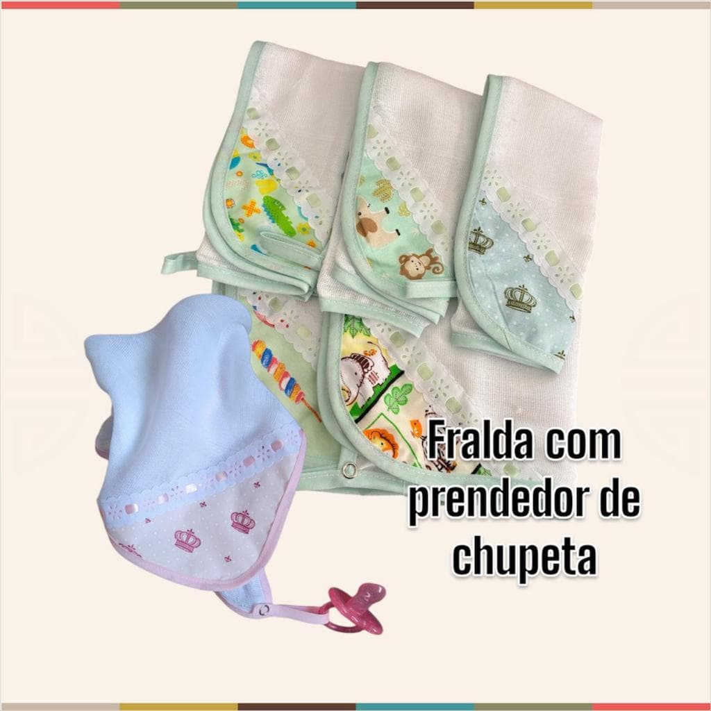 FRALDINHA DE BOCA KIT 5 UNIDADES ENXOVAL DO BEBÊ COM PRENDEDOR DE CHUPETA 100% ALGODÃO-PORTA CHUPETA