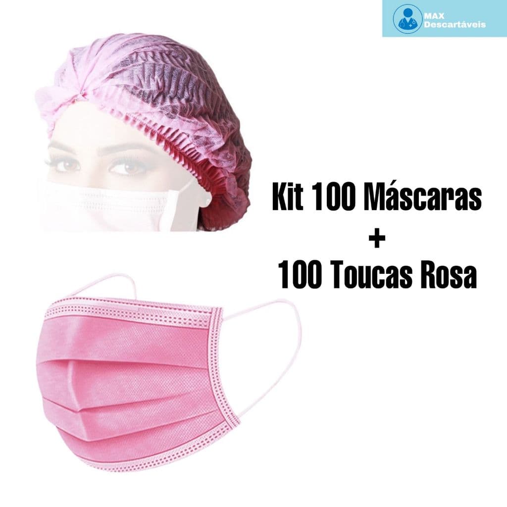Kit 100 Touca Descartável Rosa + 100 Máscara Descartável Rosa TNT