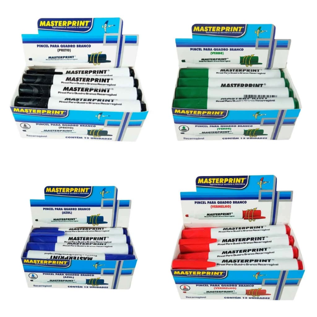 Pincel Quadro Branco Recarregável Caixa com 12 Unidades Cores Diversas Azul Vermelho Preto Masteprint