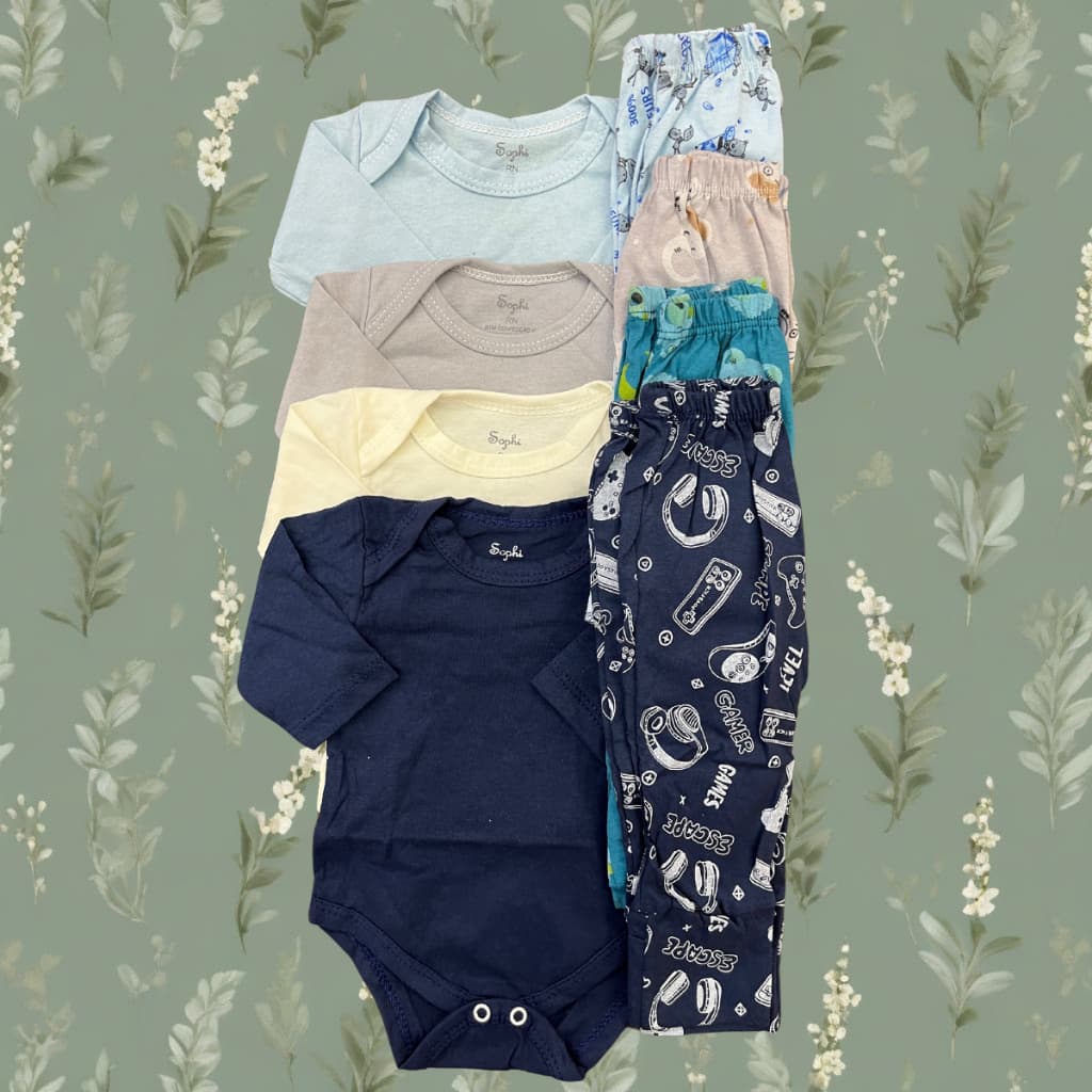 Conjunto Bebê Body Liso + Mijão Estampado 100% Algodão – Menina Neutro RN a 9 Meses