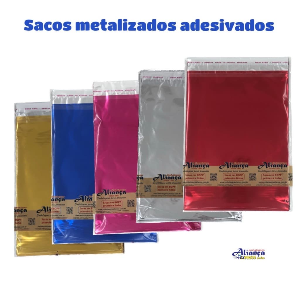 50 Sacos BOPP metalizados com fecho adesivado