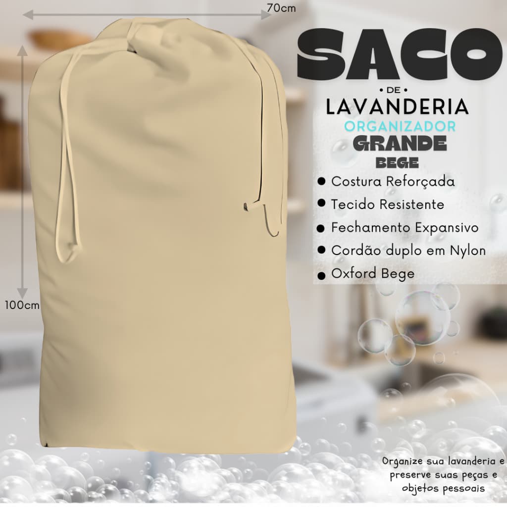 Saco de Lavanderia Org de Roupas XG Tecido Oxford Tamanho 100x70cm Resistente a Lavagens - Liso Bege