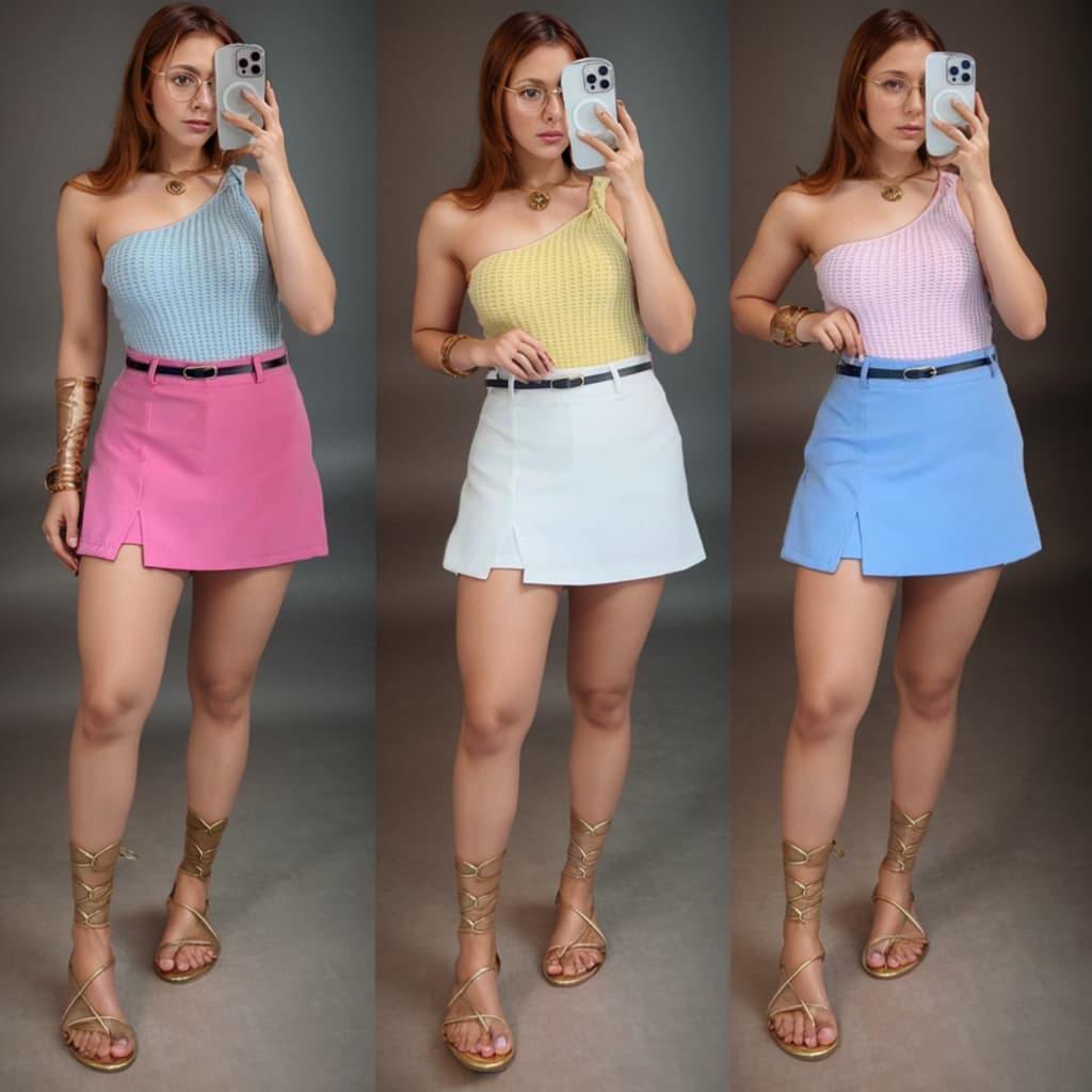 Short e Saia Feminina Cintura Alta com Cinto Fenda Lado Alfaiataria Tendência Verão2025 Candy Colors