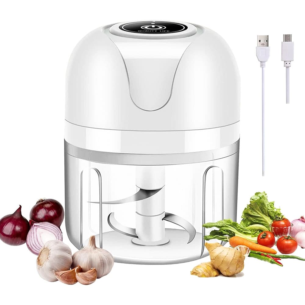 Mini Processador Elétrico Moedor Carne Vegetais Alho Fruta Recarregável USB 250ml com 3 lâminas