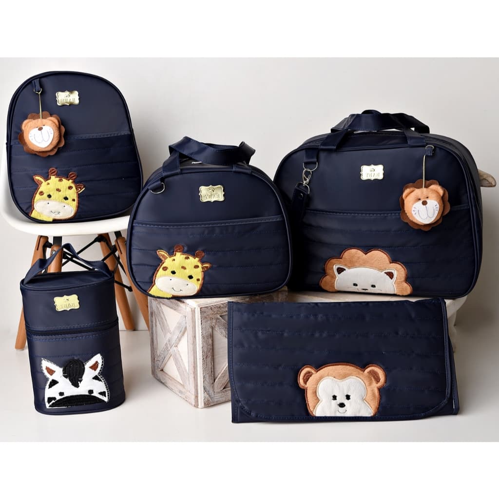 Conjunto 5 Peças de Bolsas Para Maternidade Tipo Mala Com Tema Safari Bichinhos