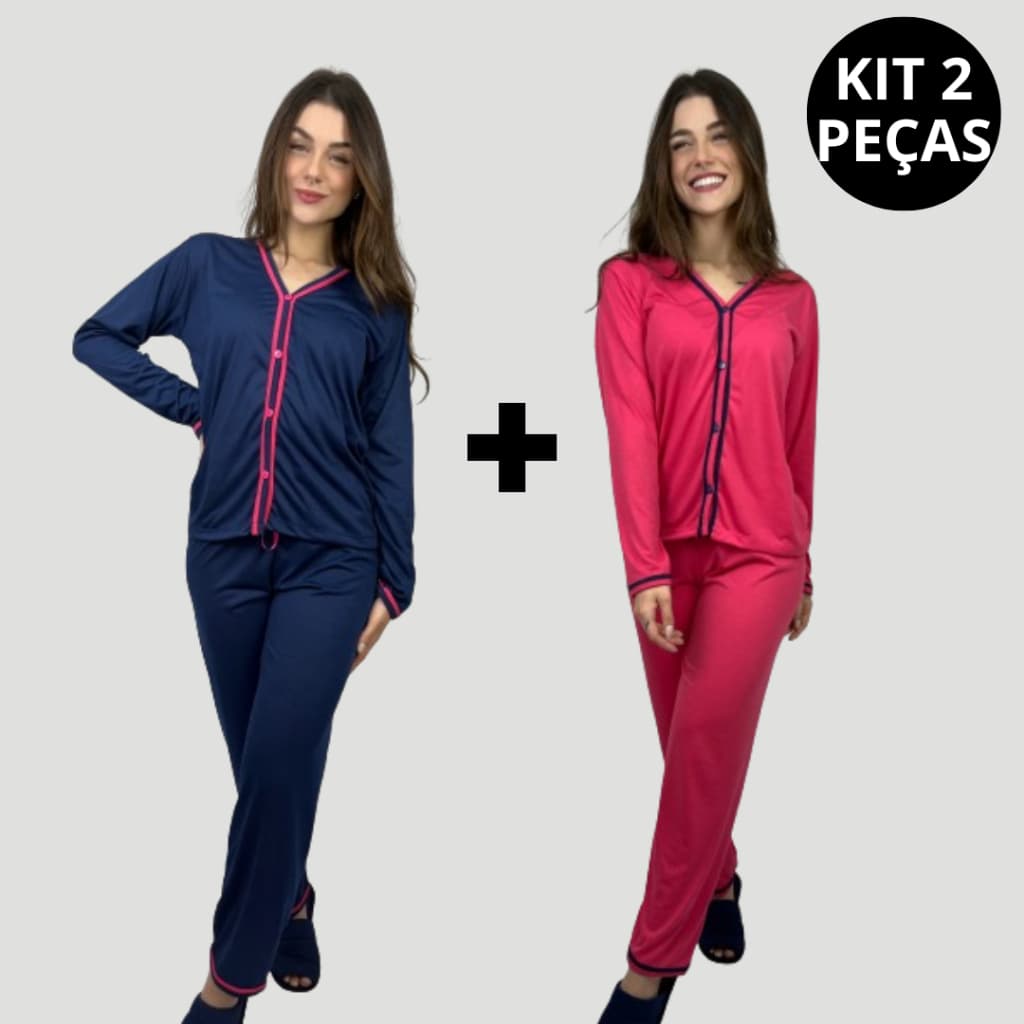 Kit 2 Peças Pijama Longo Inverno Blogueira Malha Botão Amamentação Cirurgico
