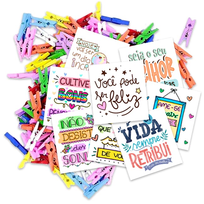 Kit 100 Frases para drink motivacionais 5x5cm com pregador