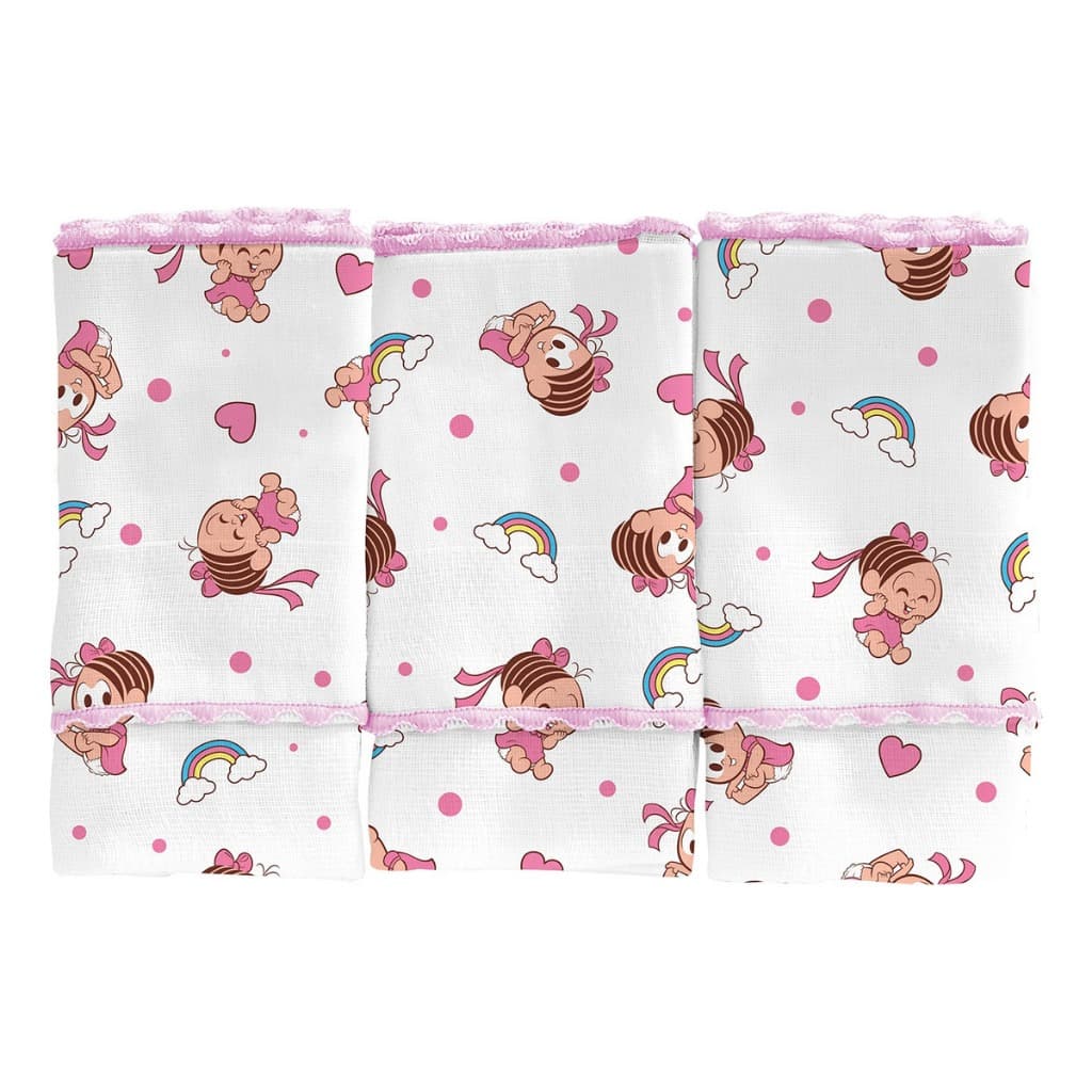Pano de Boca Bebe Estampas Monica e Cebolinha 100% Algodão Pacote com 3 Unidades