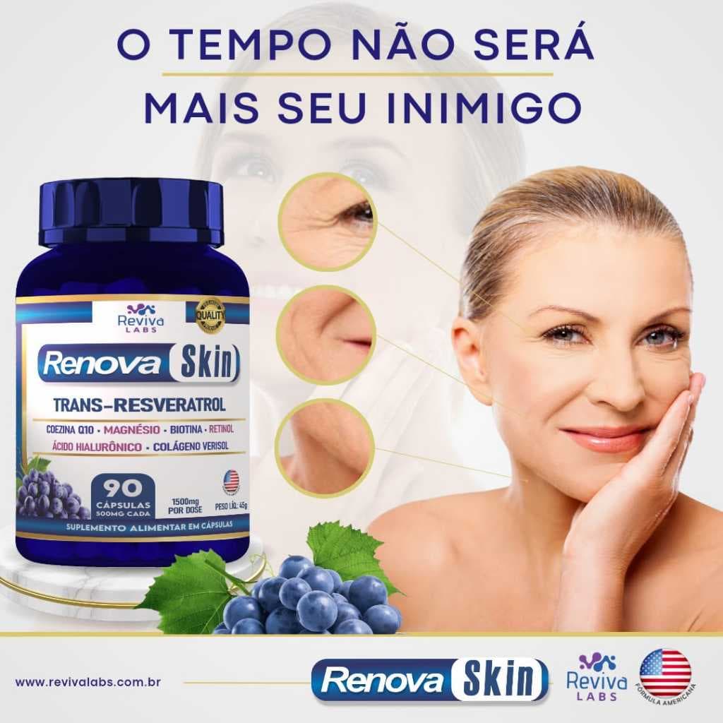 RenovaSkin - 90 Caps.( Trans-Resveratrol c/165mg, Biotina, Acido Hialurônico, Colágeno, Retinol, Coenzima Q10, Magnésio)
