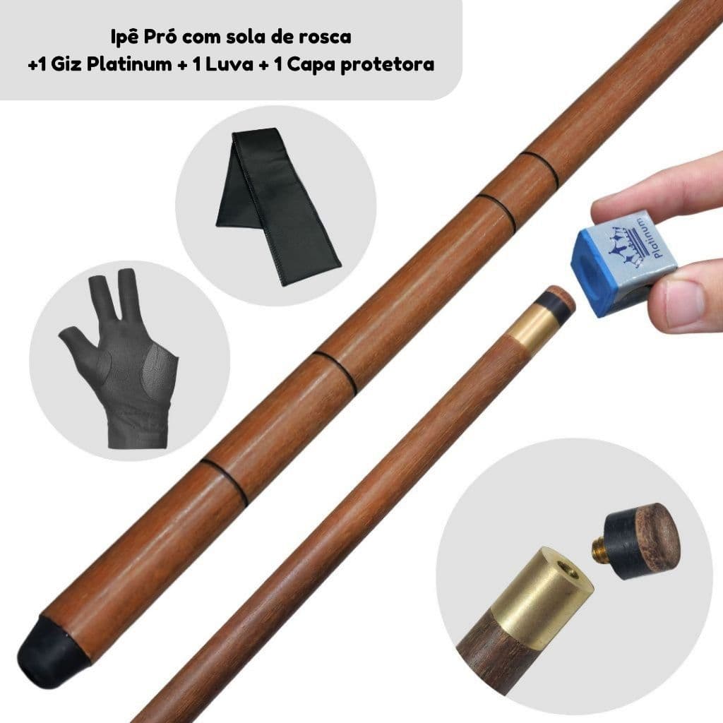 Taco de Bilhar Inteiriço c/ Sola de Couro Profissional 11mm + Luva e Giz