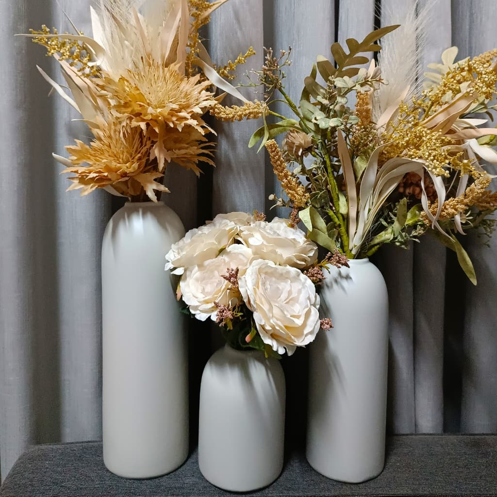 Conjunto trio Vasos Decorativos cerâmica p/ flores artificiais permanentes decoração rack Off white