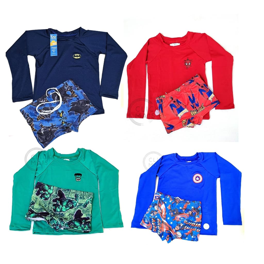 conjunto camisa + sunga infantil proteção solar uv50 bordado praia personagem lisa menino criança