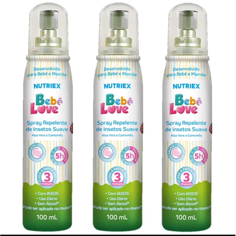kit 3 Repelente De Insetos Bebê Love Até 5hrs Spray 100ML - Nutriex