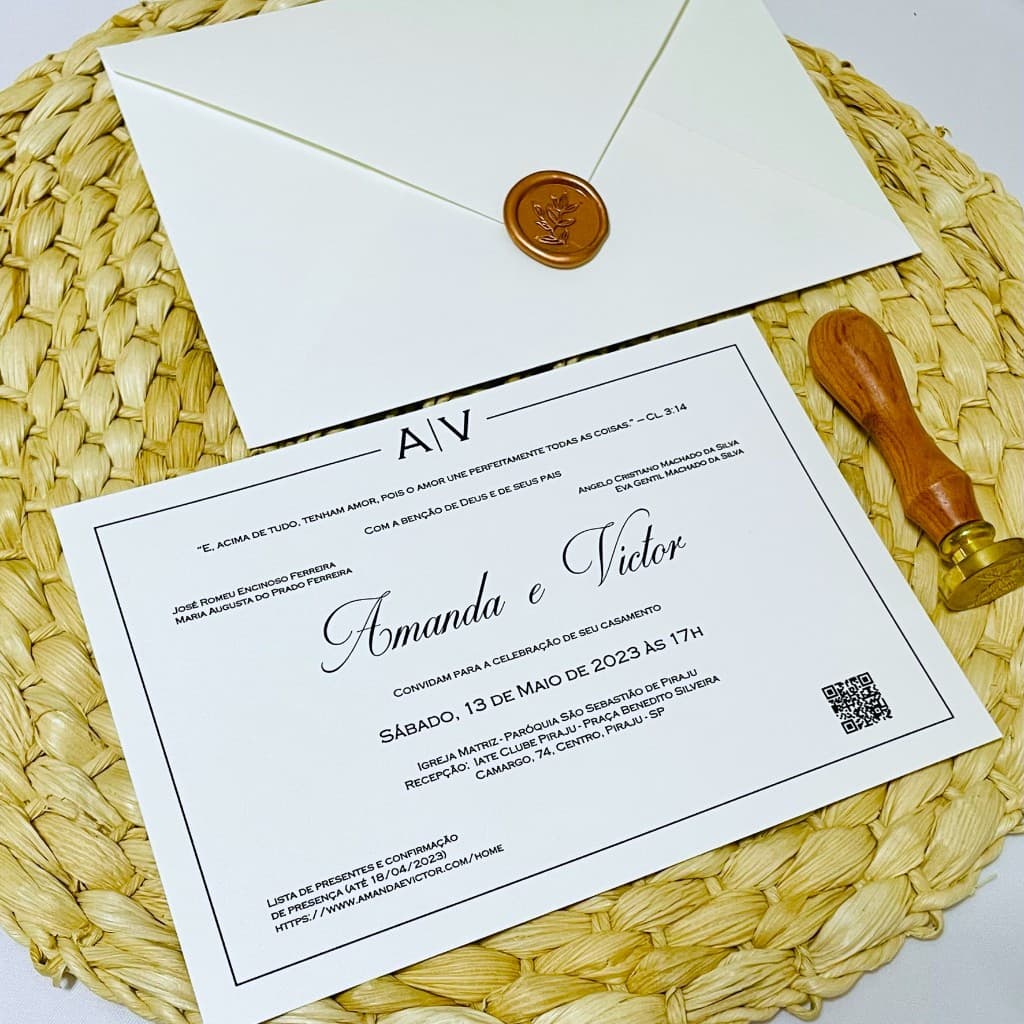 Convite Casamento + Envelope Carta Horizontal + Lacre de Cera