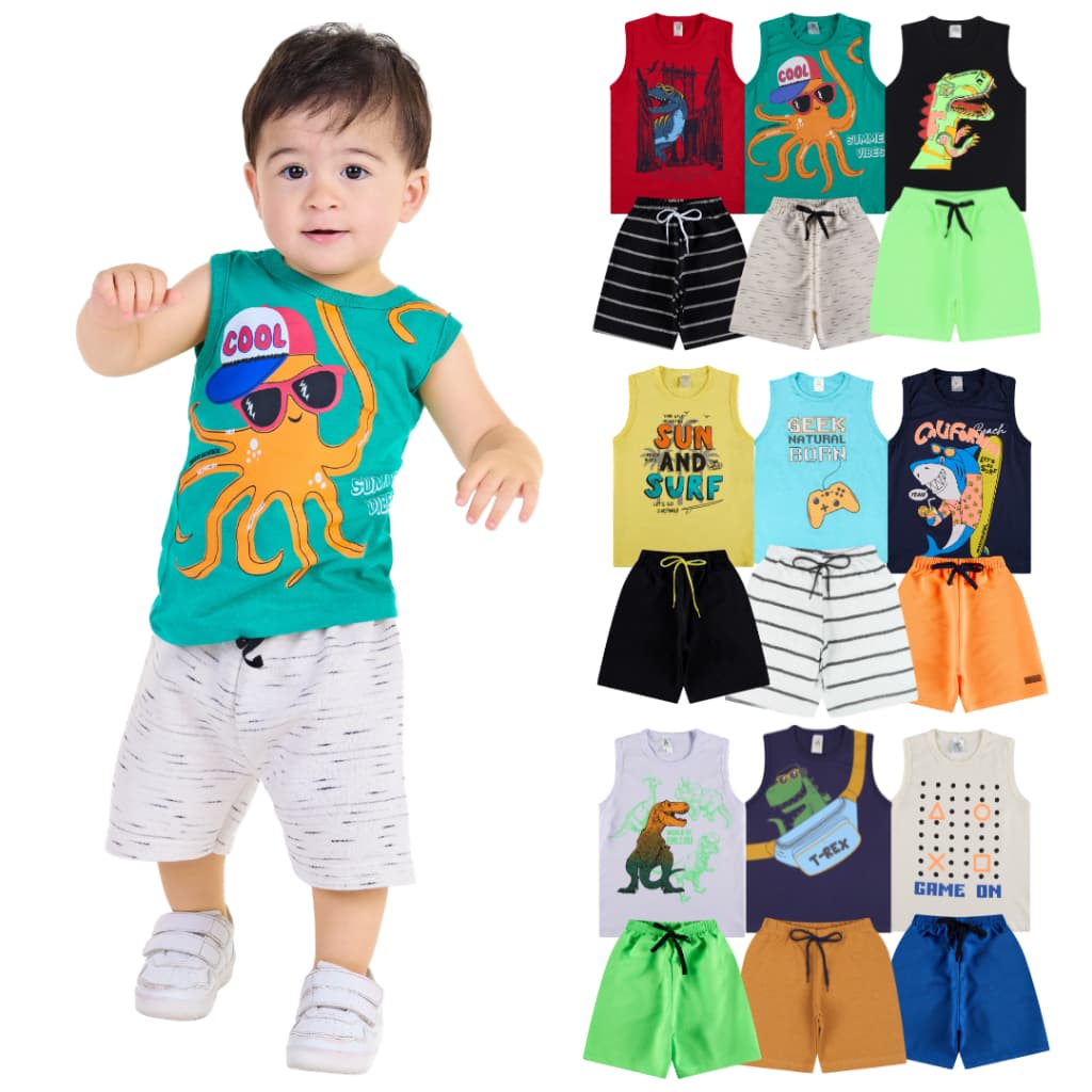 Kit 6 Peças de Conjunto Regata para Bebê Meninos - 3 Regatas e 3 Bermudas, Tamanhos Disponíveis de 1 a 10