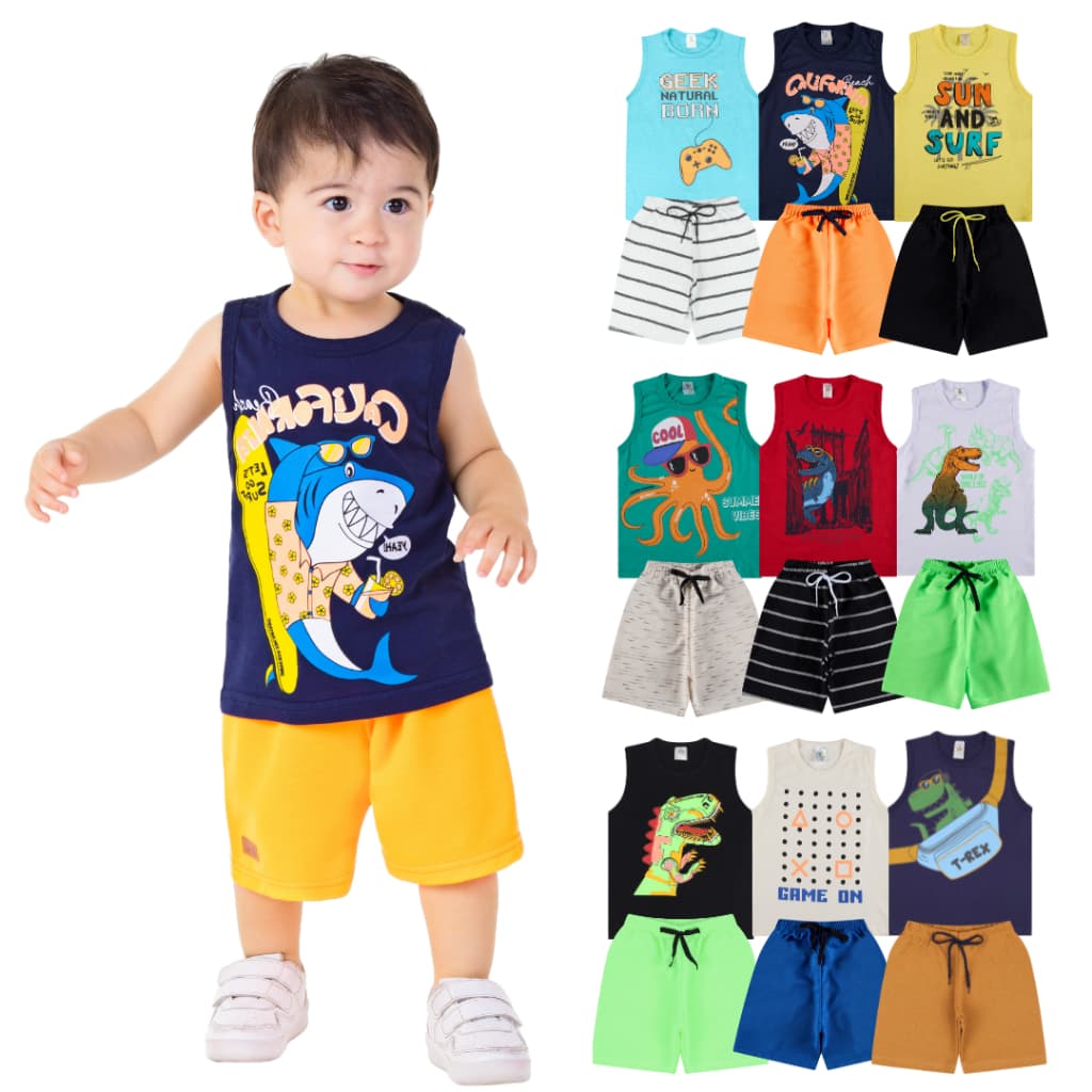 Kit 8 Peças de Roupas Infantil Bebê Menino - 4 Regatas + 4 Bermudas Tamanho 1 ao 10