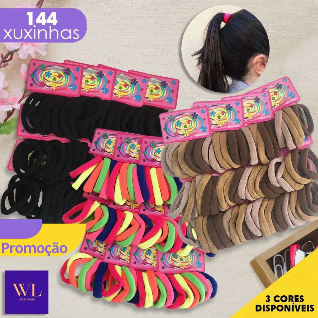 Kit 144 Unidades Elasticos De Cabelo Tipo Meia Criança Preto Adulto Rabicó Penteados/Xuxinha Colorido e Marrom - WL