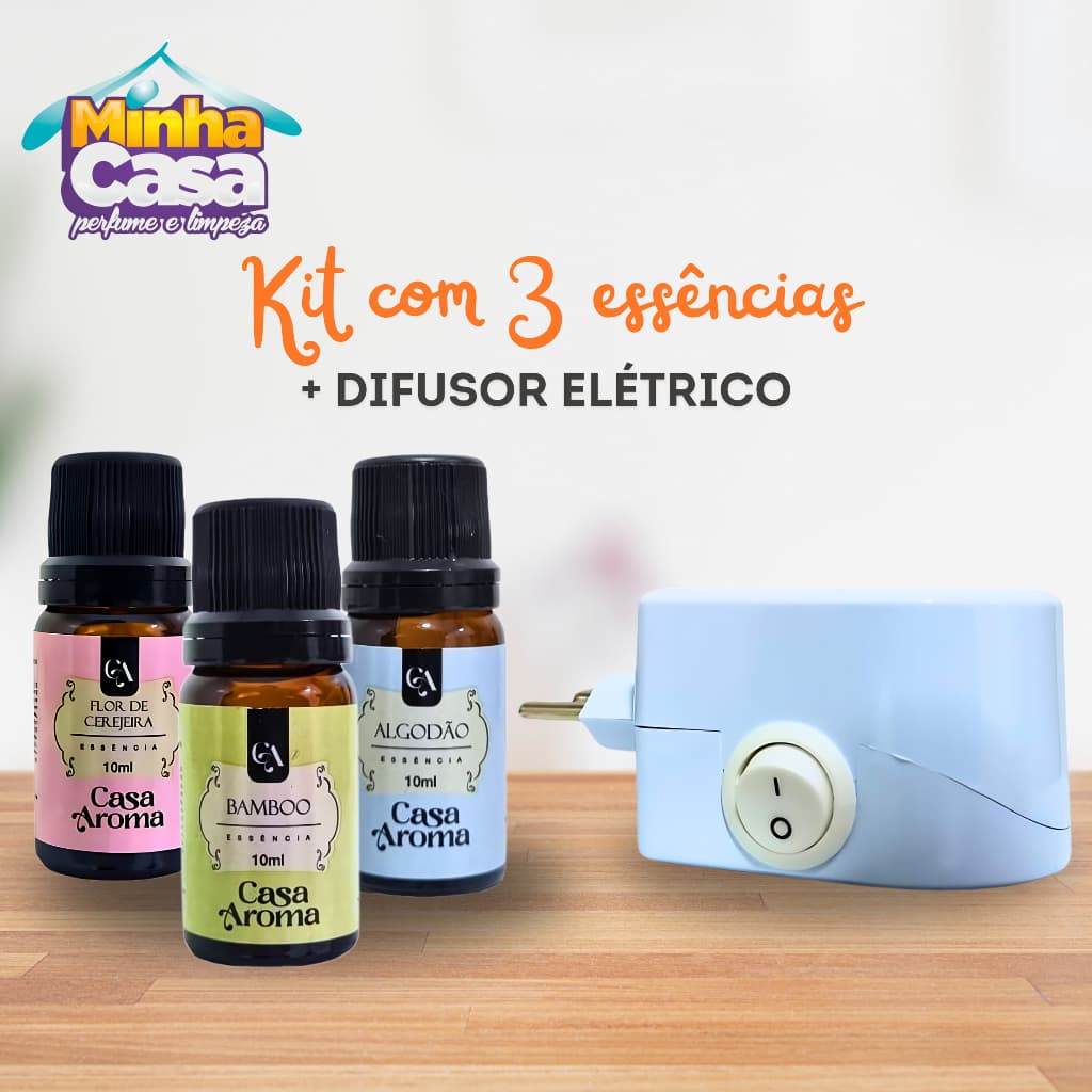 Kit 3 Essência Pura Super Concentrada para Aromatizador + 1 Difusor Elétrico Tomada Ambiente