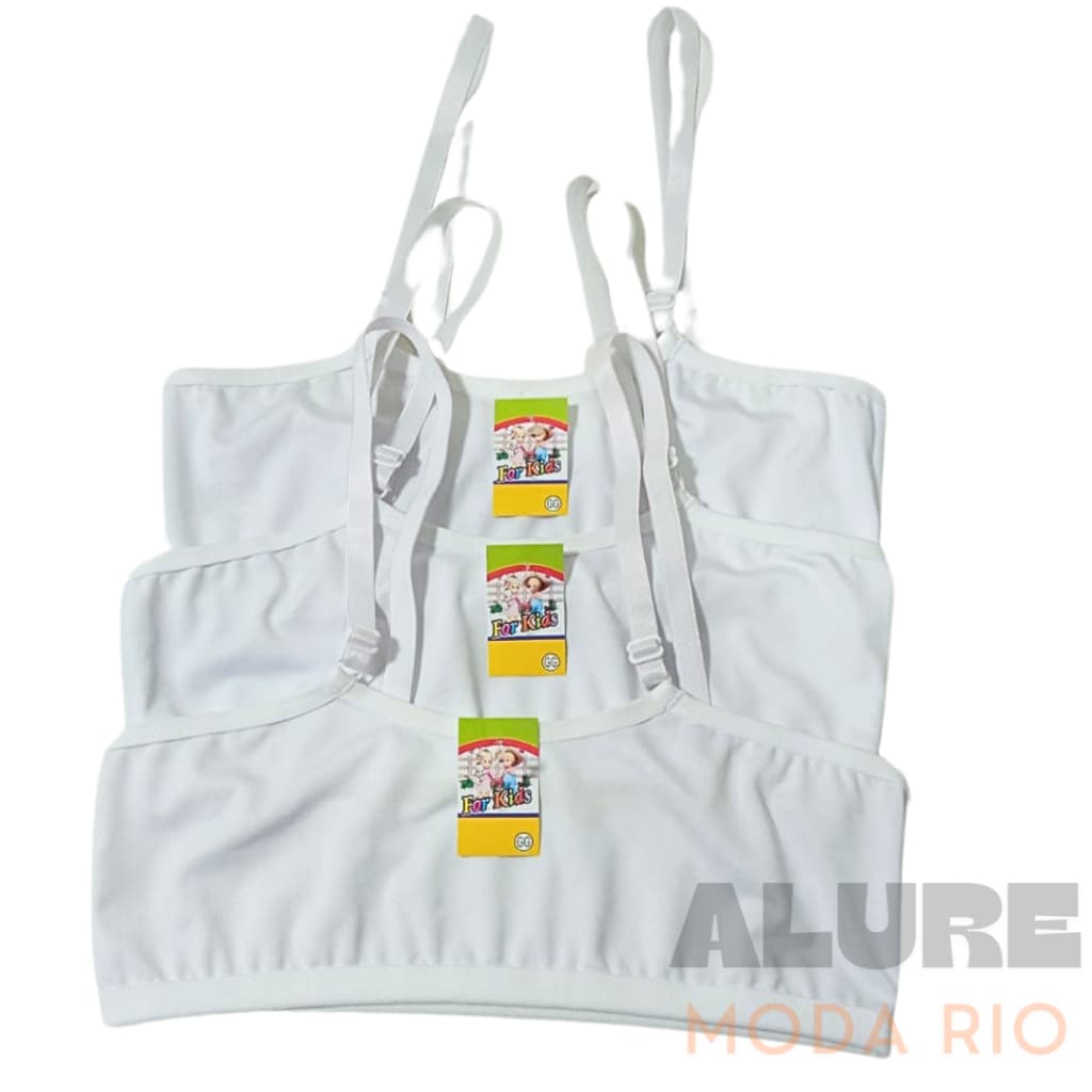 Kit 3 Tops Infantil Branco Reforçado Alça Regulável Colegial 8 a 12 anos Microfibra Lisa
