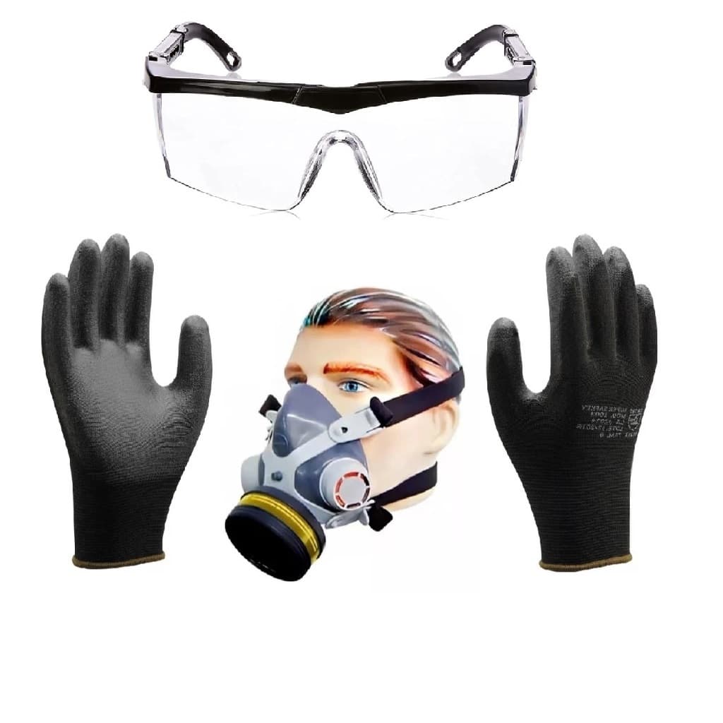 Máscara Respirador com filtros Óculos Segurança Luva Poliéster Pu Preta EPI