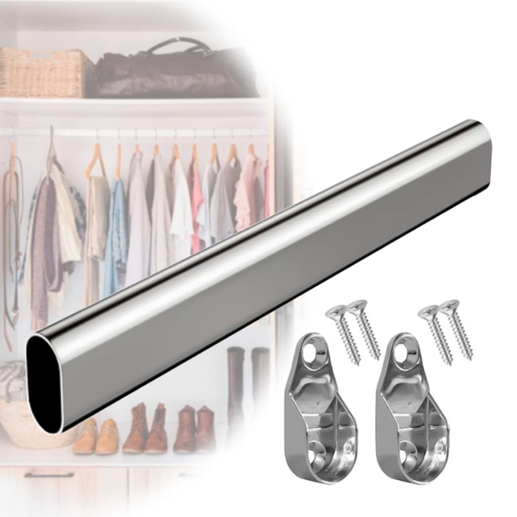 Kit Tubo Cabideiro Oval Oblongo Para Guarda Roupa Cromado Com Suportes