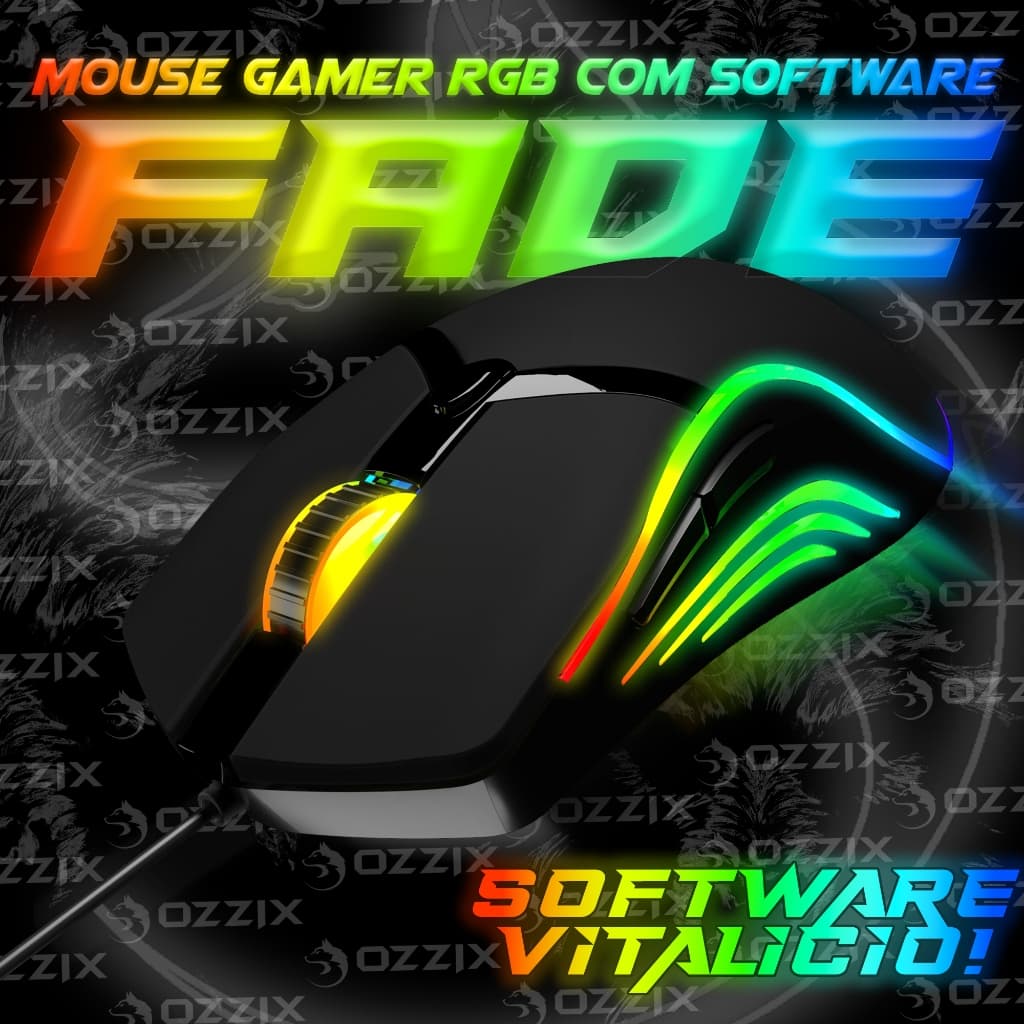 Mouse Gamer Fade LED RGB 8000DPI com Software 7 Botões Programáveis DPI Ajustável Sensor Gamer Profissional Ozzix