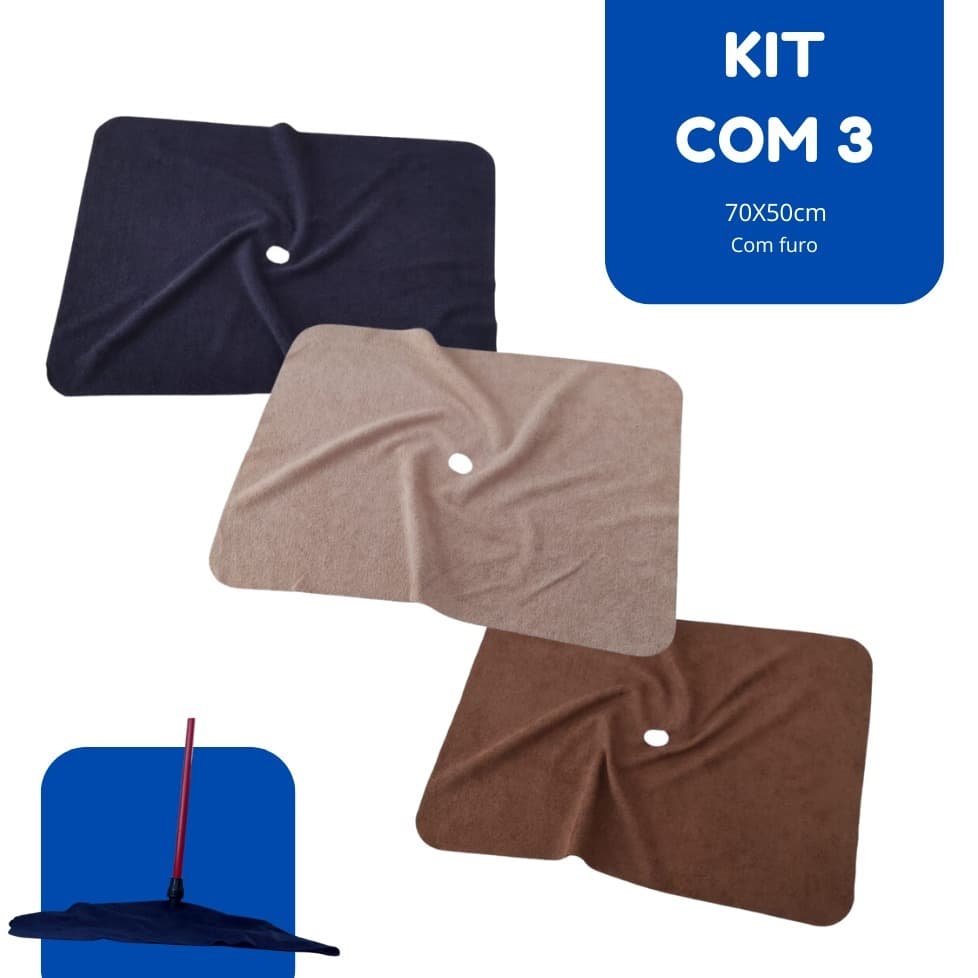 Kit 3 Panos de Limpeza Microfibra Mágico  Macio 70x50cm  Com Furo para Rodo