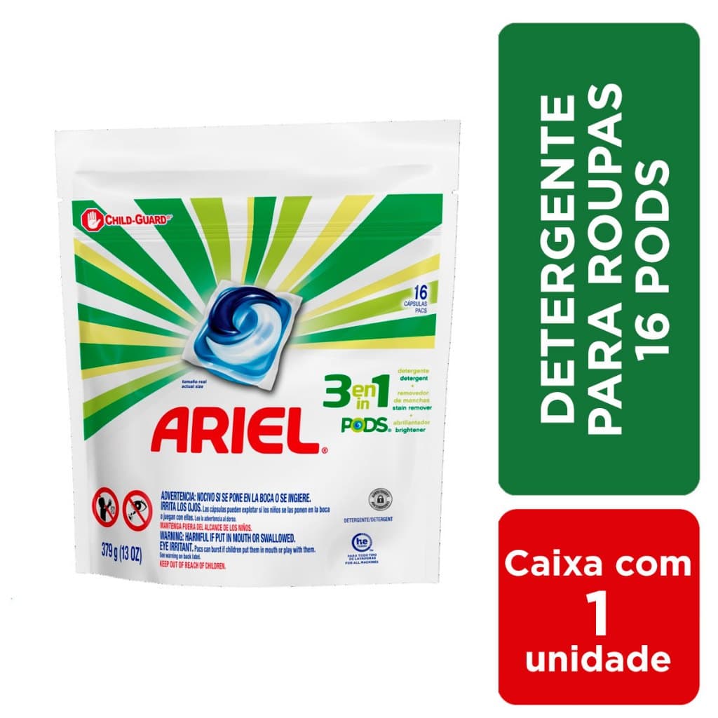 Detergente Lava Roupas Ariel 3 Em 1 Pods - 16 Capsulas