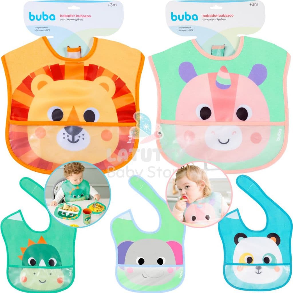 Babador Buba Impermeável com Bolso Babador Infantil Bebê com Bolso Dino Unicórnio