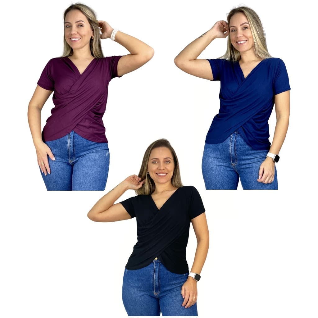 Kit 3 Blusa Transpassada Amamentação Diversas Cores Viscolycra Premium Manga Curta Roupa Maternidade